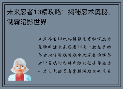未来忍者13精攻略：揭秘忍术奥秘，制霸暗影世界