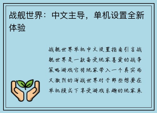 战舰世界：中文主导，单机设置全新体验