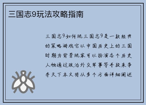三国志9玩法攻略指南