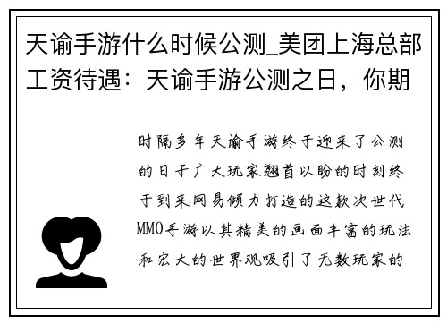 天谕手游什么时候公测_美团上海总部工资待遇：天谕手游公测之日，你期待的那一刻到来